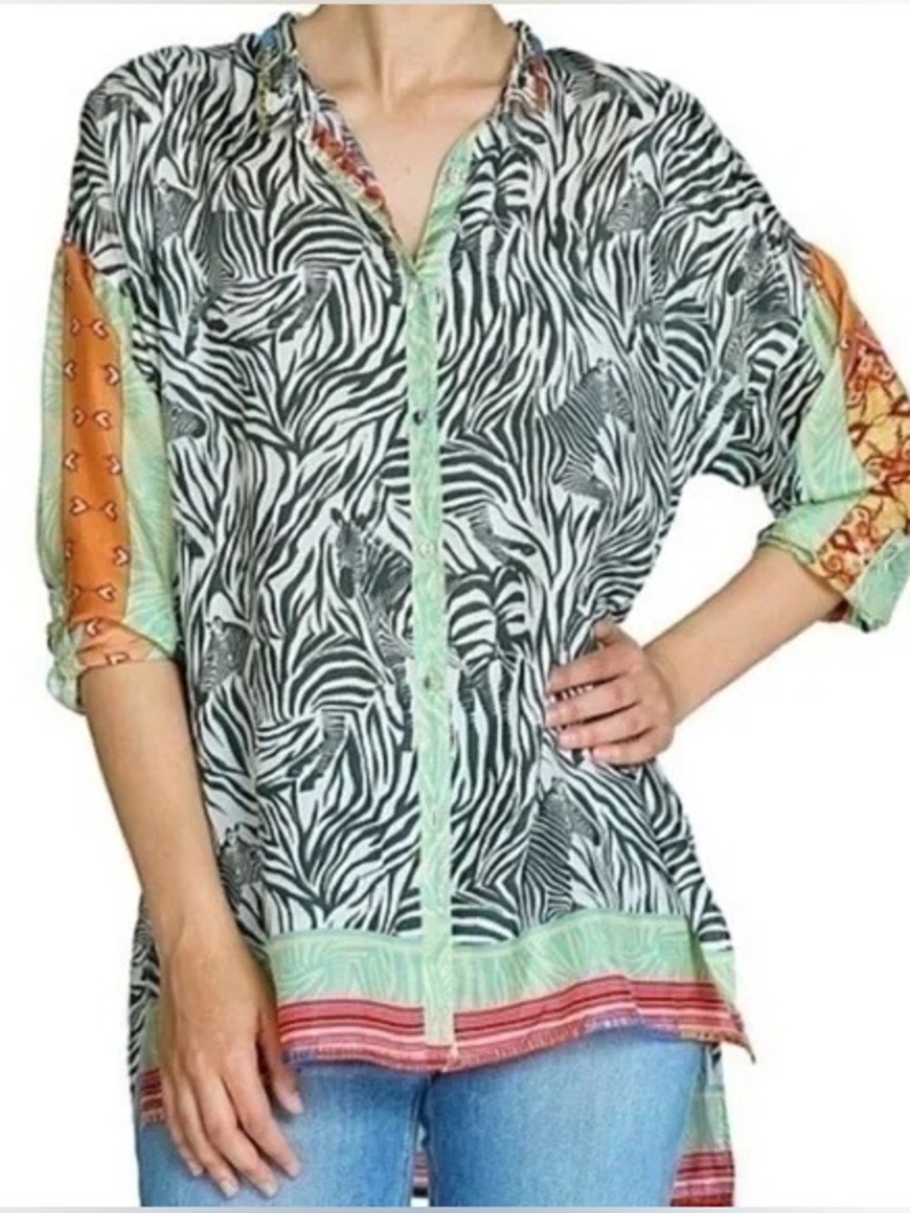 100% Silk Johnny Was Zebra Print Tunic Top
